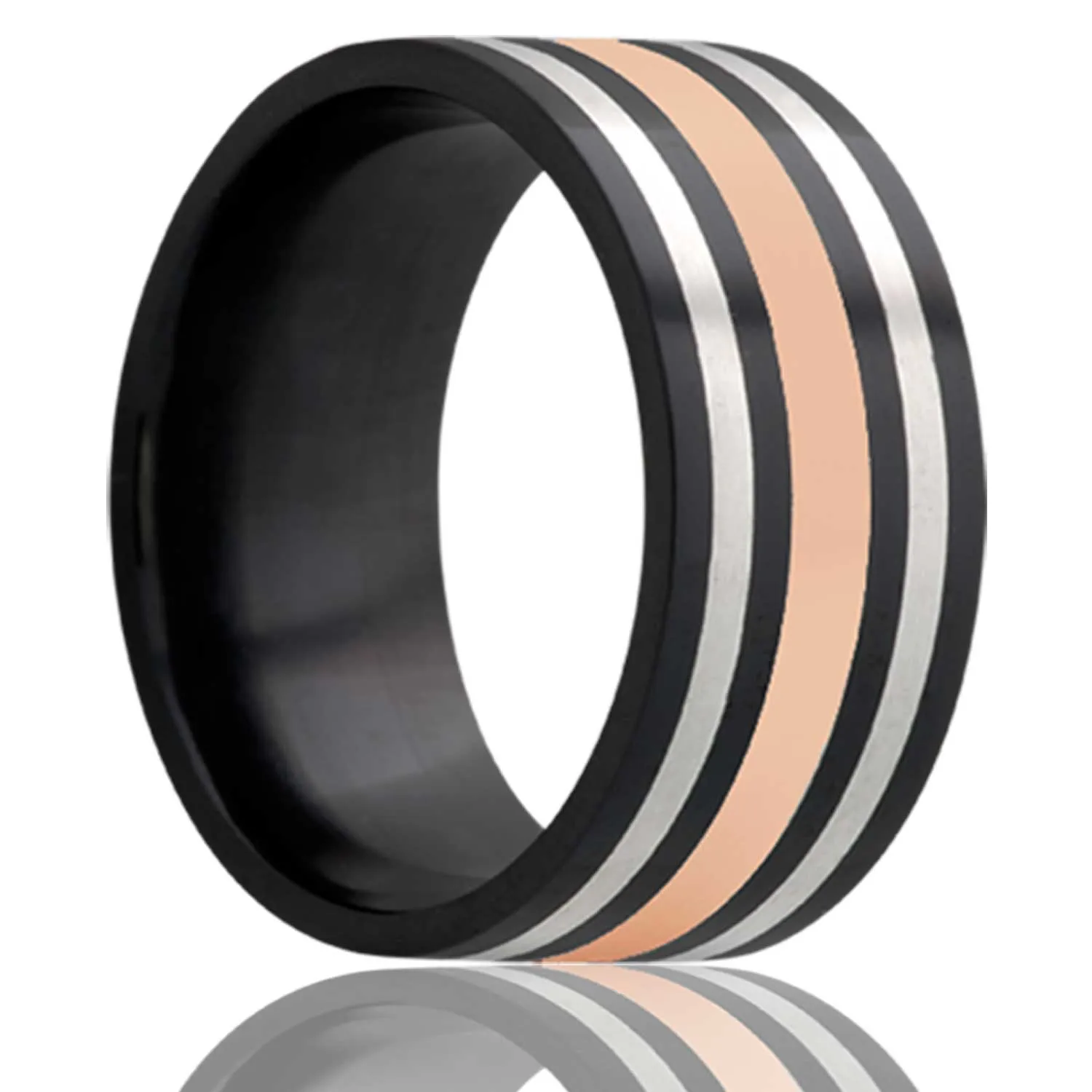 Flat Zirconium Band with a Rose Gold Inlay and Two Argentium Silver Inlays