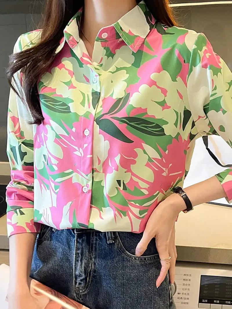Floral Print Single Button Shirt, Vintage Long Sleeve