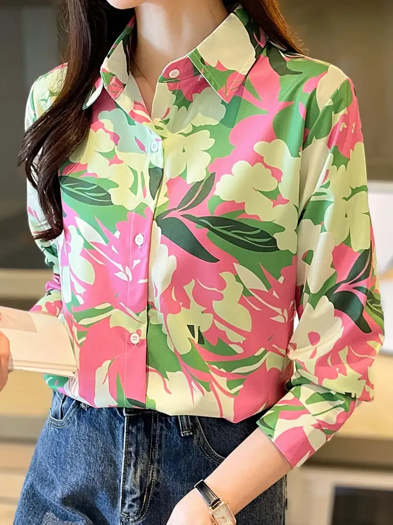 Floral Print Single Button Shirt, Vintage Long Sleeve