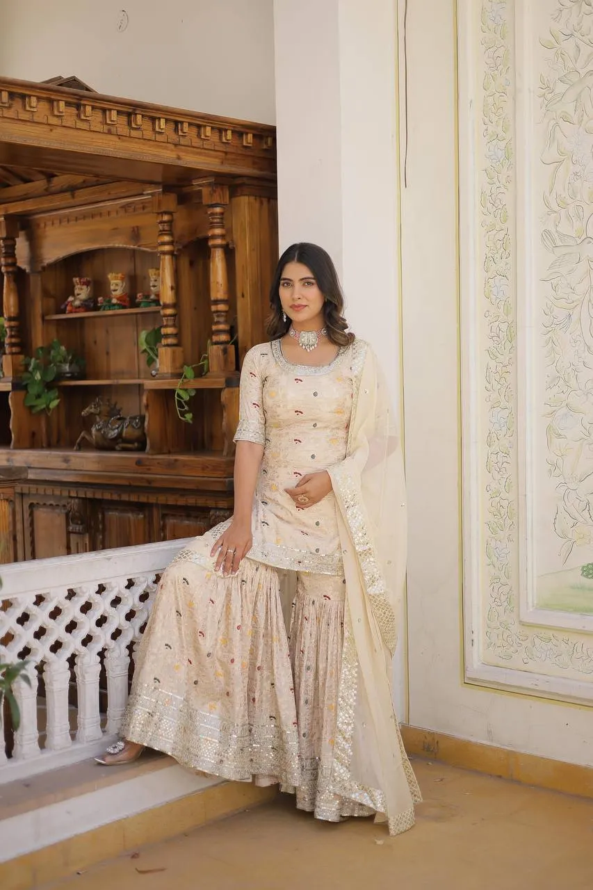 FRILLFIT Viscose Jacquerd Embroidered work Sharara Suit for women