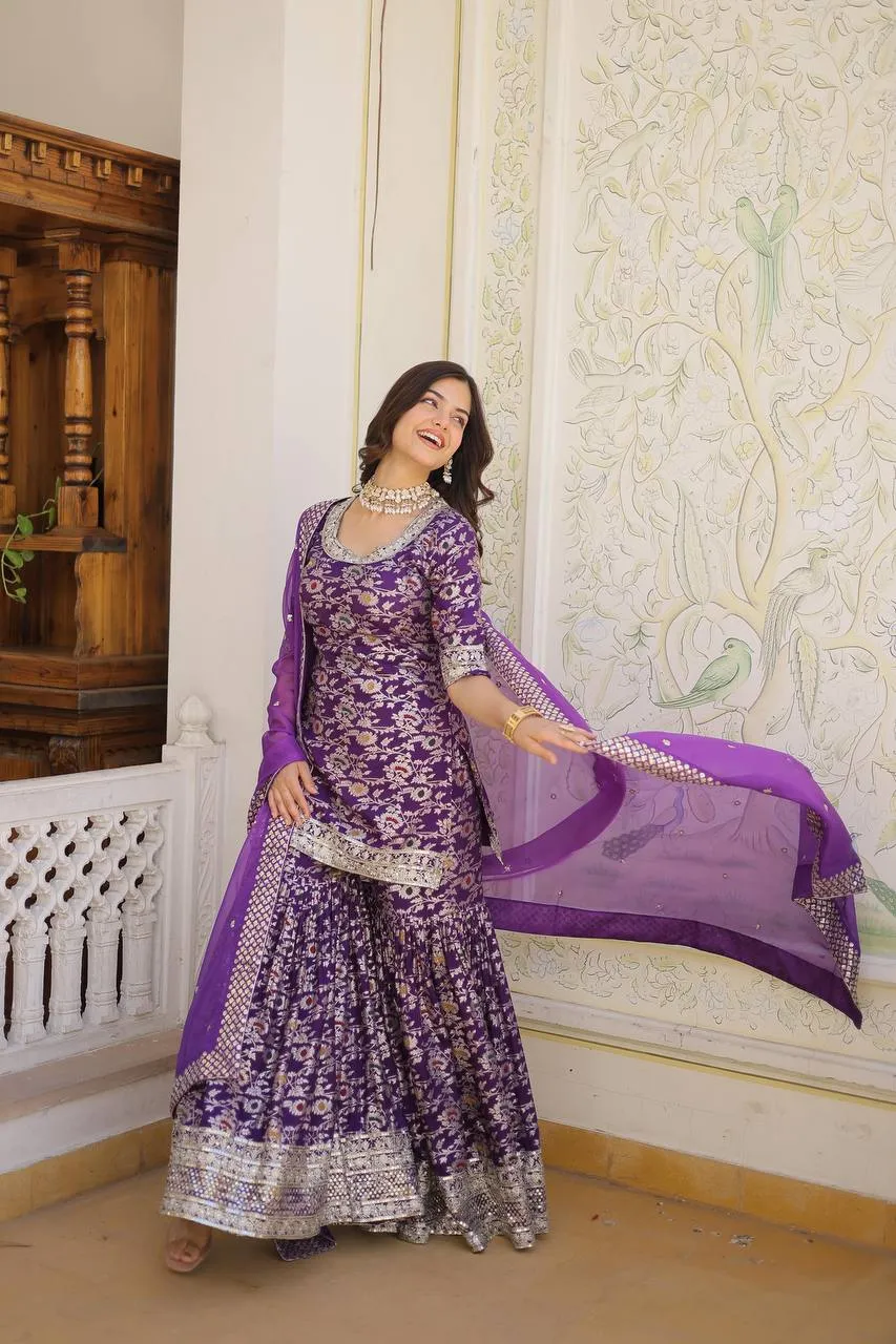 FRILLFIT Viscose Jacquerd Embroidered work Sharara Suit for women