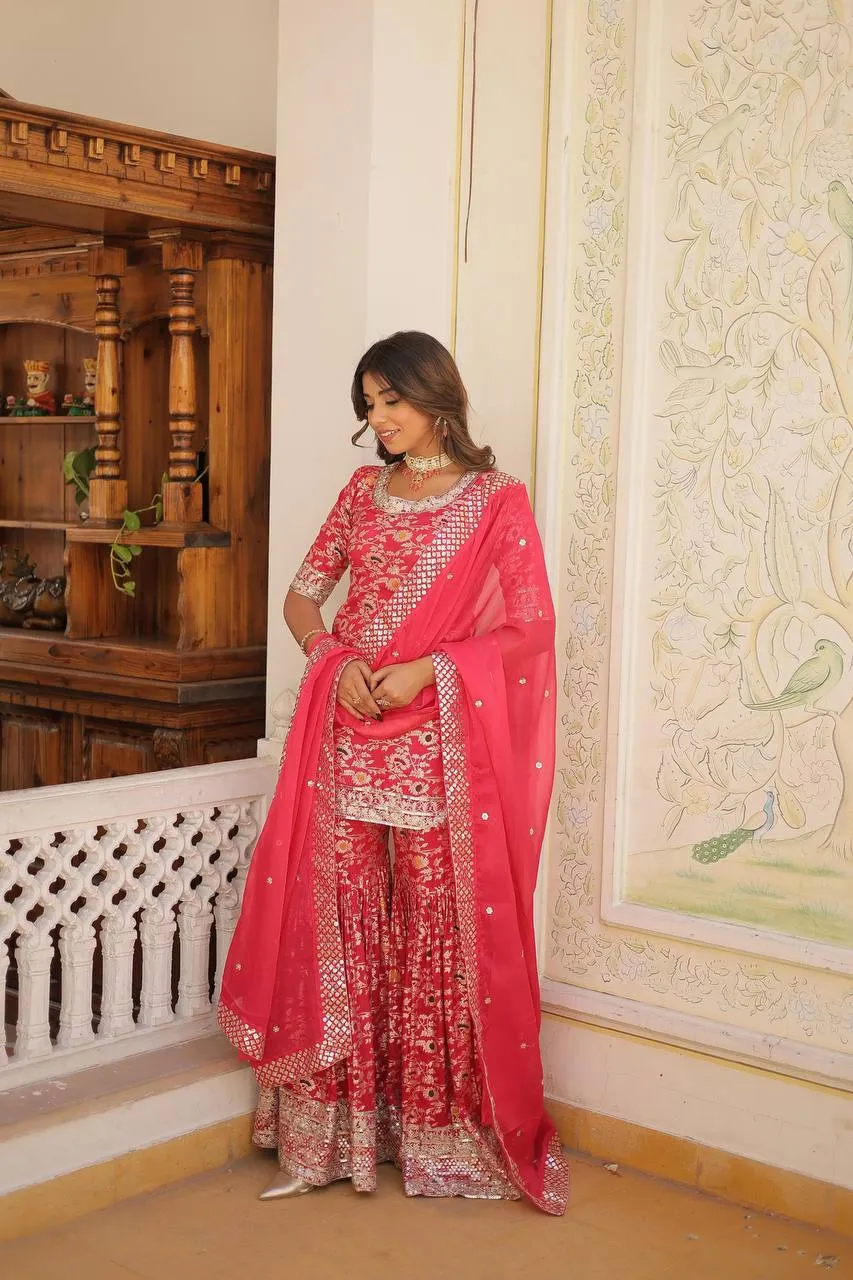 FRILLFIT Viscose Jacquerd Embroidered work Sharara Suit for women