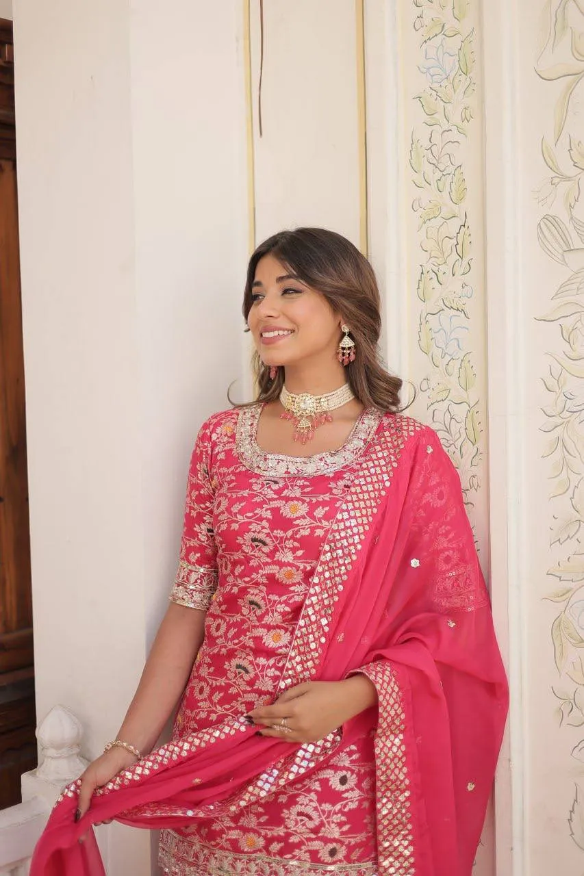 FRILLFIT Viscose Jacquerd Embroidered work Sharara Suit for women