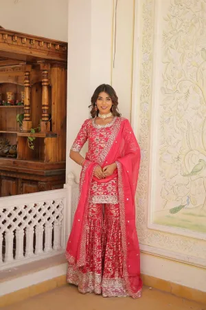 FRILLFIT Viscose Jacquerd Embroidered work Sharara Suit for women
