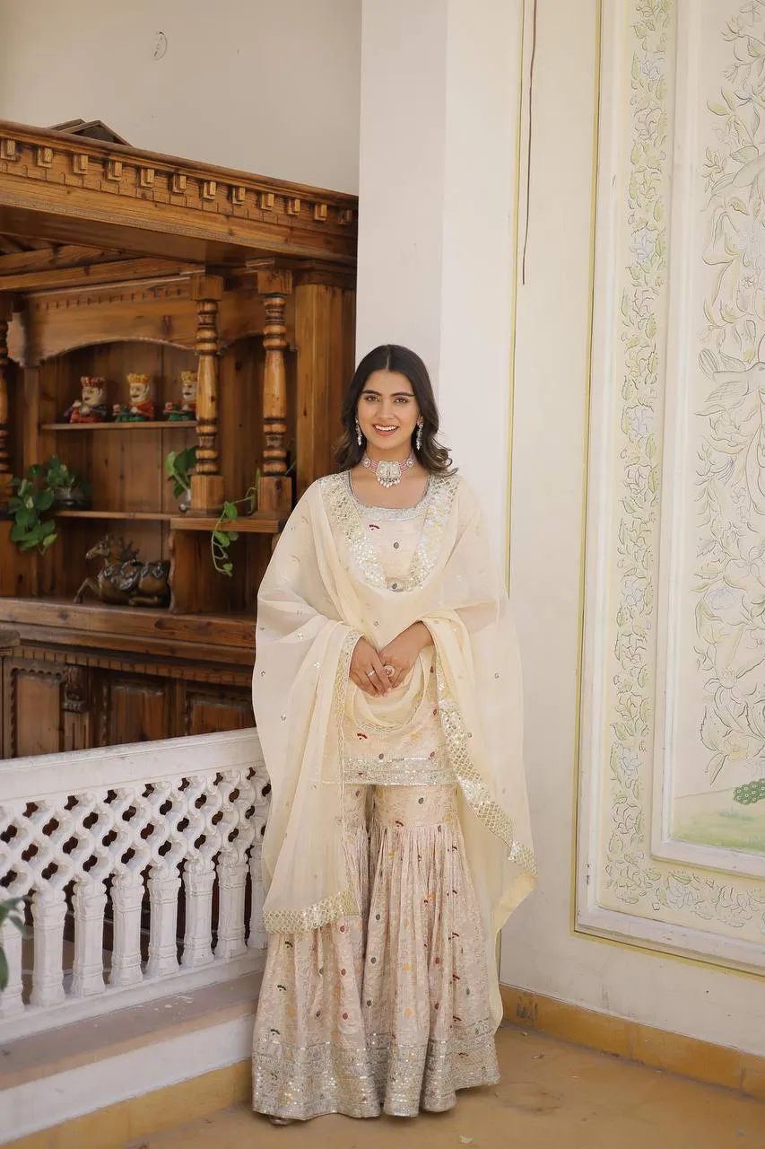 FRILLFIT Viscose Jacquerd Embroidered work Sharara Suit for women