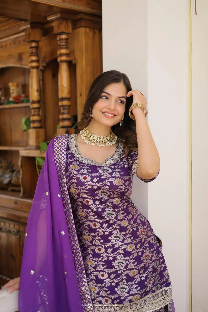 FRILLFIT Viscose Jacquerd Embroidered work Sharara Suit for women
