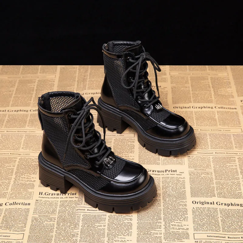 Genuine Leather Mesh Martin Boots Women's Thick Bottom  New Summer Hollow Breathable Mesh Boots Women's Height Increasing Boots Short Boots