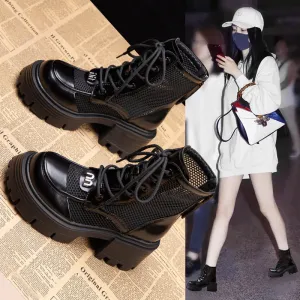 Genuine Leather Mesh Martin Boots Women's Thick Bottom  New Summer Hollow Breathable Mesh Boots Women's Height Increasing Boots Short Boots