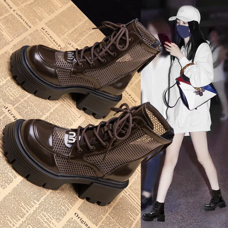 Genuine Leather Mesh Martin Boots Women's Thick Bottom  New Summer Hollow Breathable Mesh Boots Women's Height Increasing Boots Short Boots