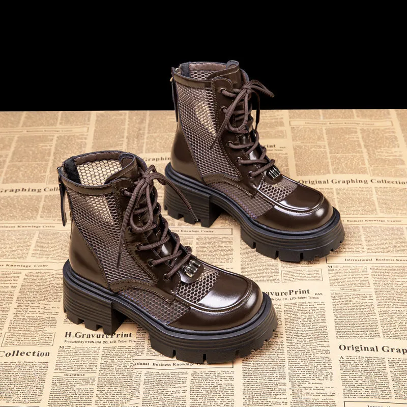 Genuine Leather Mesh Martin Boots Women's Thick Bottom  New Summer Hollow Breathable Mesh Boots Women's Height Increasing Boots Short Boots