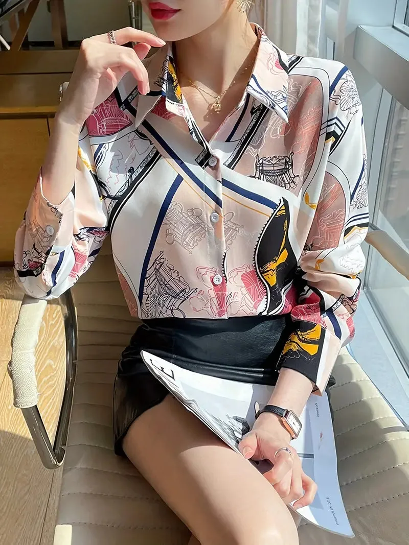 Graphic Print Button Front Shirt, Casual Long Sleeve