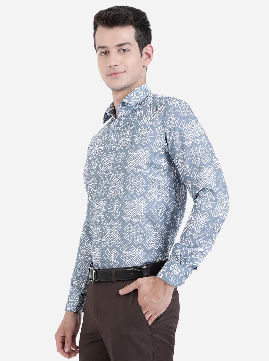 Grey & White Printed Slim Fit Party Wear Shirt | JB Studio