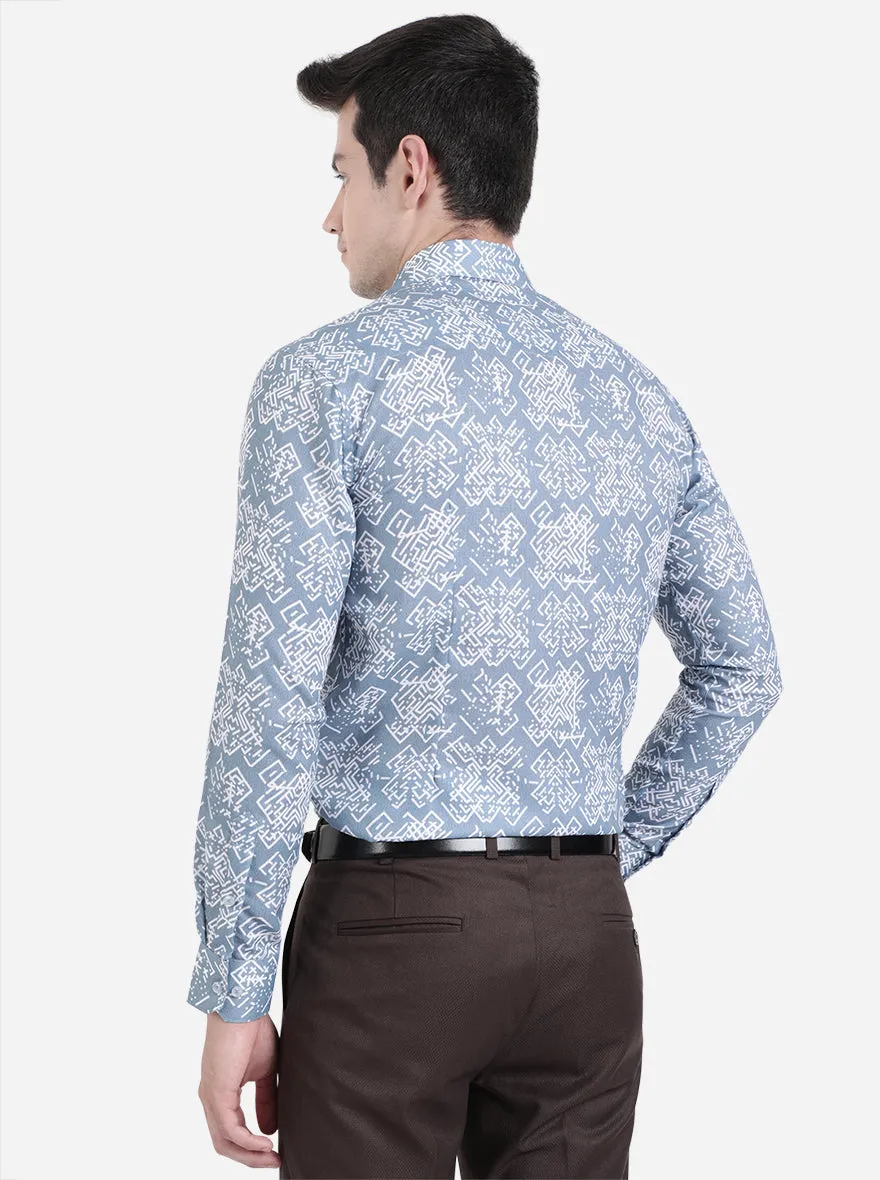 Grey & White Printed Slim Fit Party Wear Shirt | JB Studio