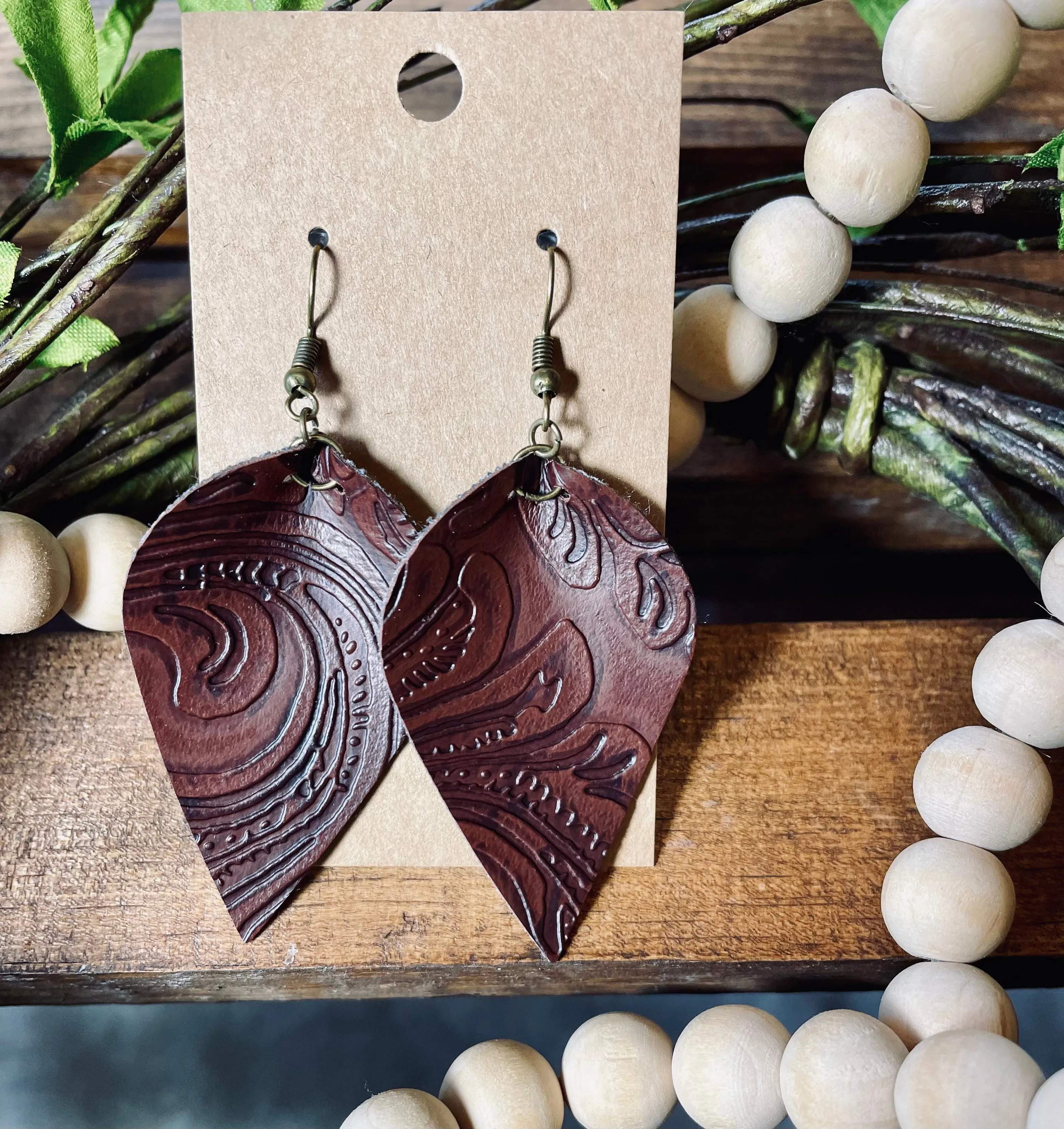 Handmade Leaf Teardrop Embossed Earrings