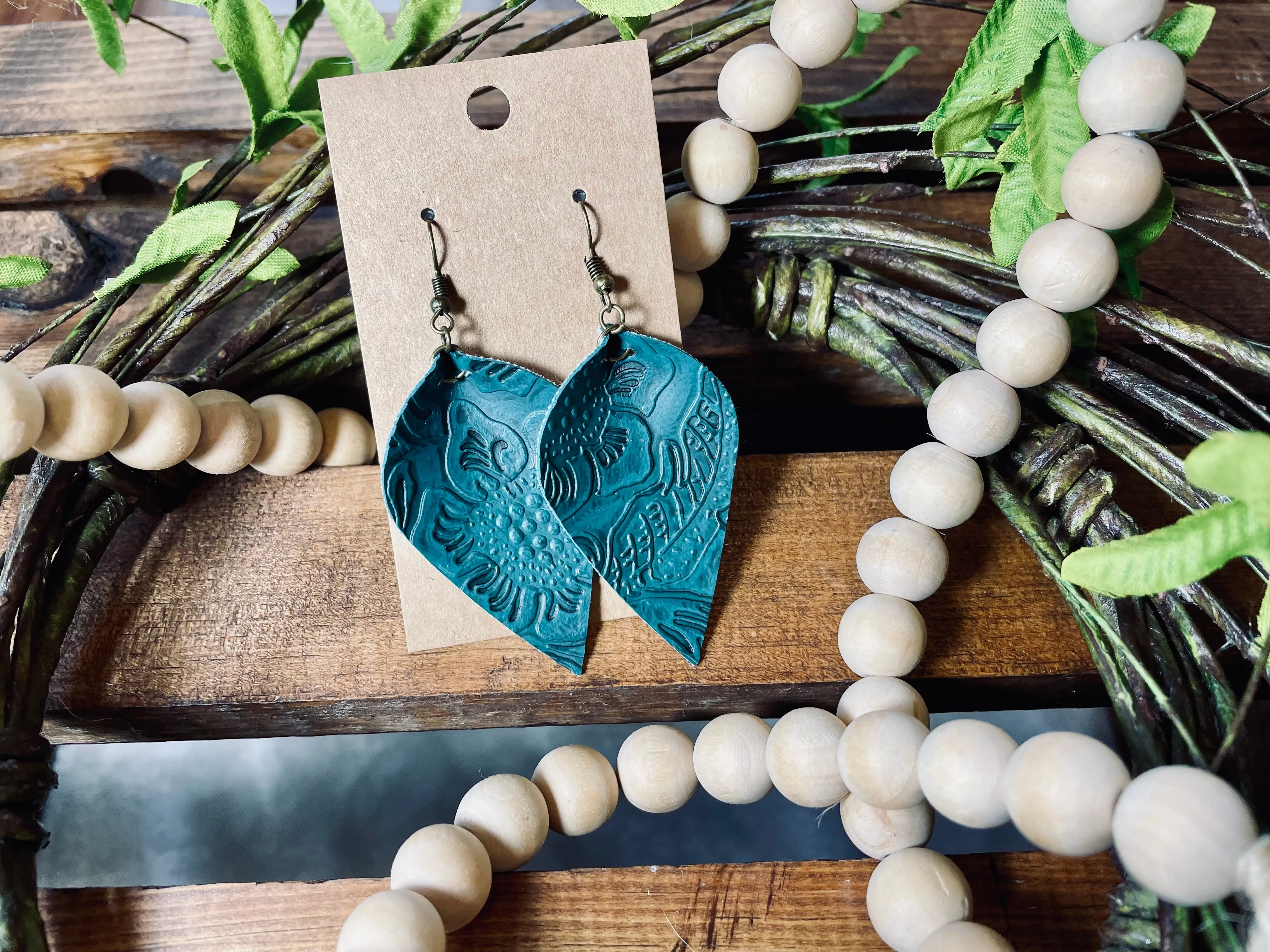 Handmade Leaf Teardrop Embossed Earrings