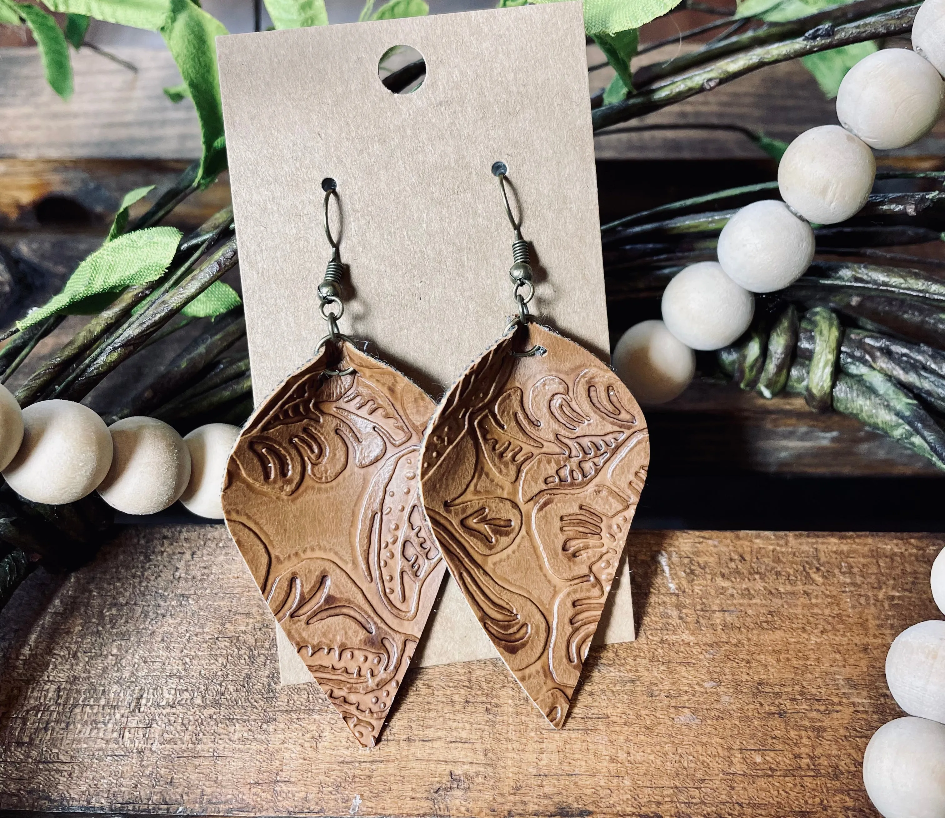 Handmade Leaf Teardrop Embossed Earrings