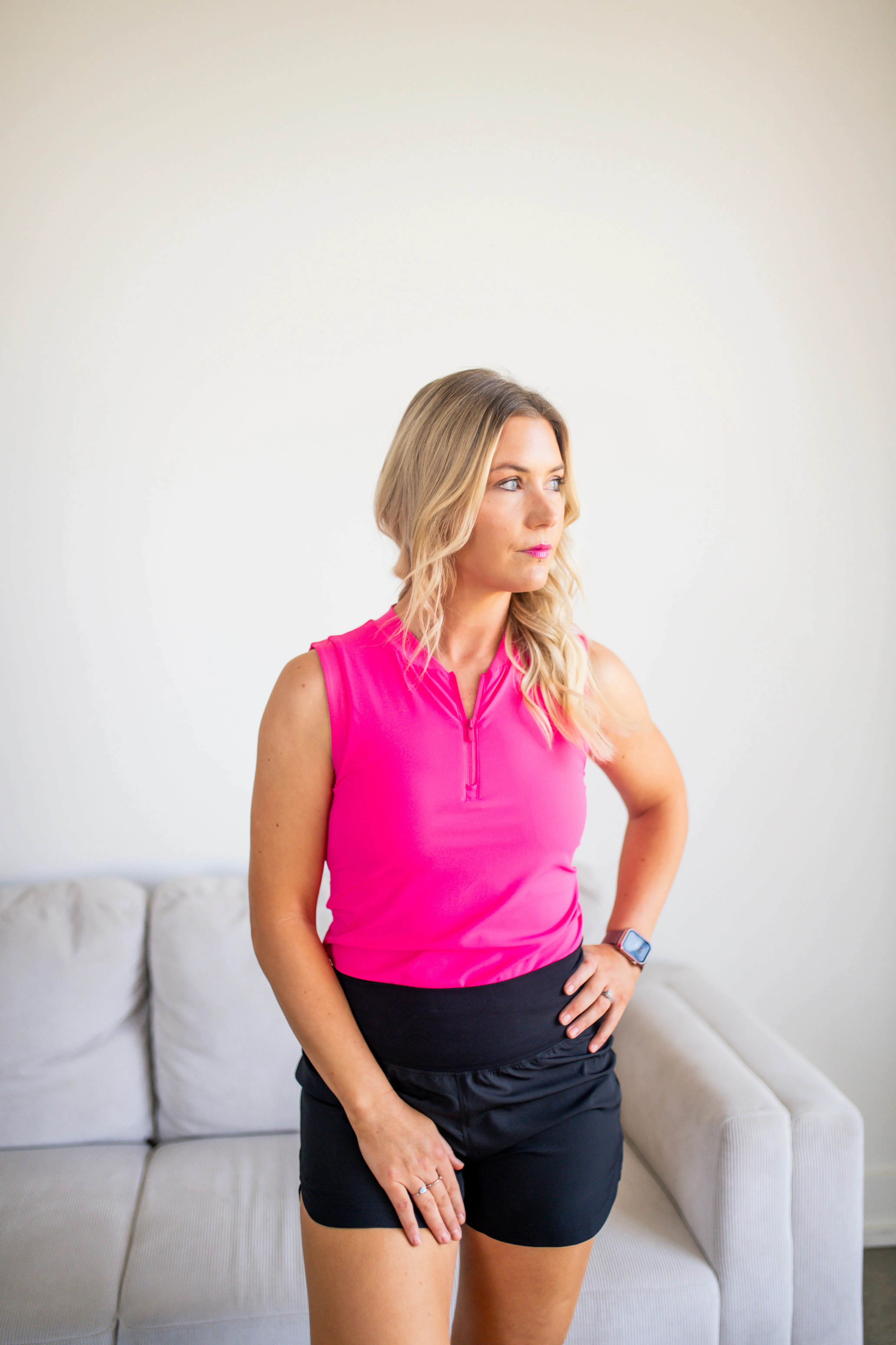 Hot Pink Half Zip Mandarin Collar Active Top