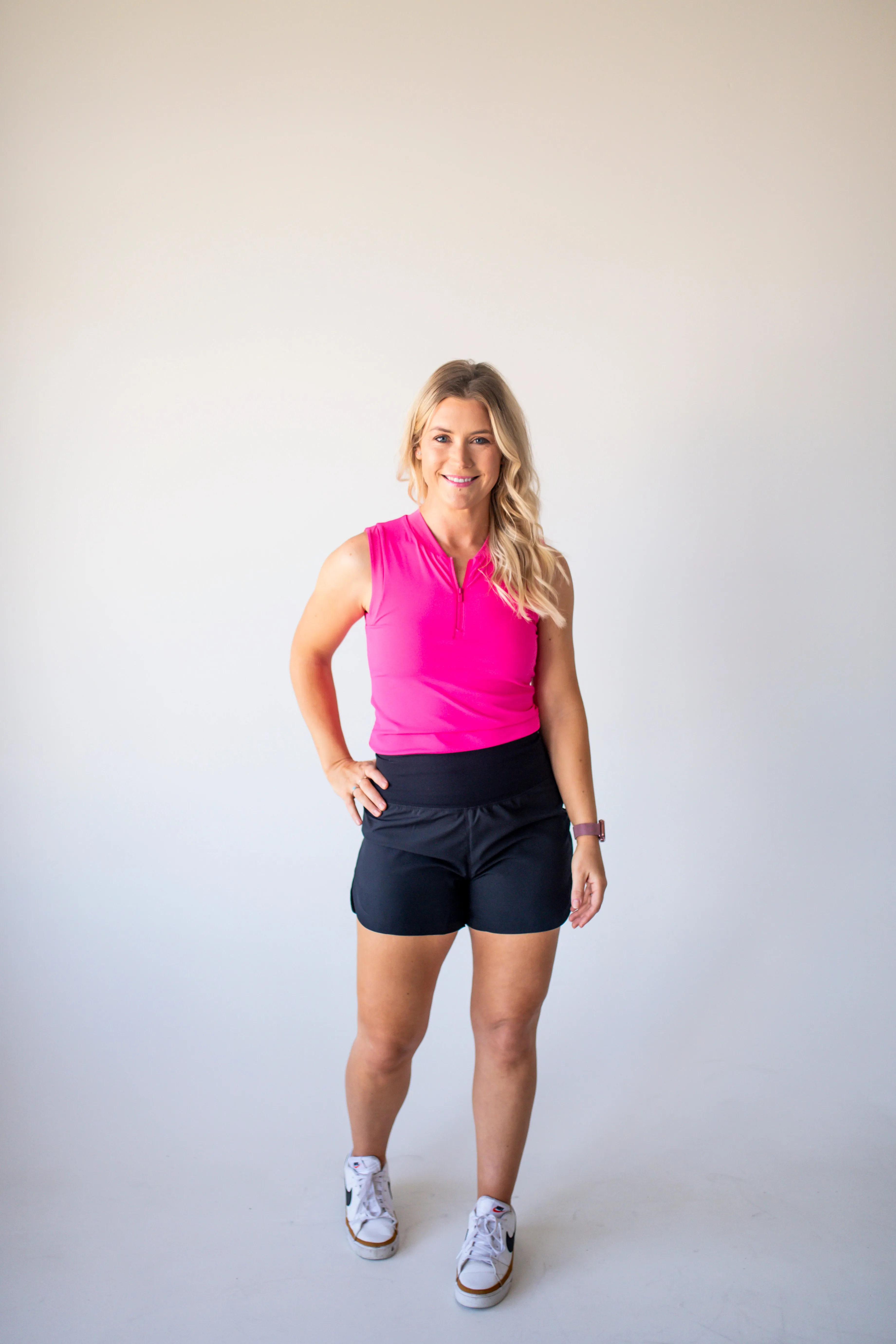 Hot Pink Half Zip Mandarin Collar Active Top