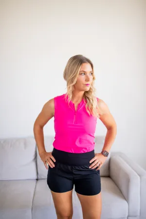 Hot Pink Half Zip Mandarin Collar Active Top