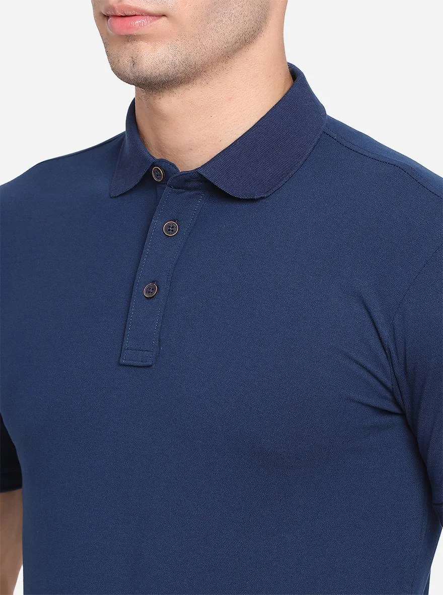 Indigo Blue Solid Slim Fit Polo T-Shirt | JadeBlue