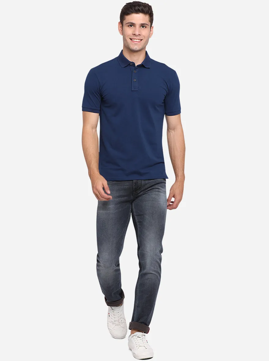 Indigo Blue Solid Slim Fit Polo T-Shirt | JadeBlue