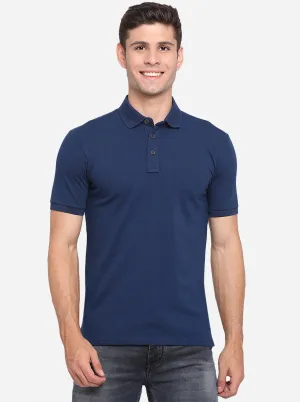 Indigo Blue Solid Slim Fit Polo T-Shirt | JadeBlue