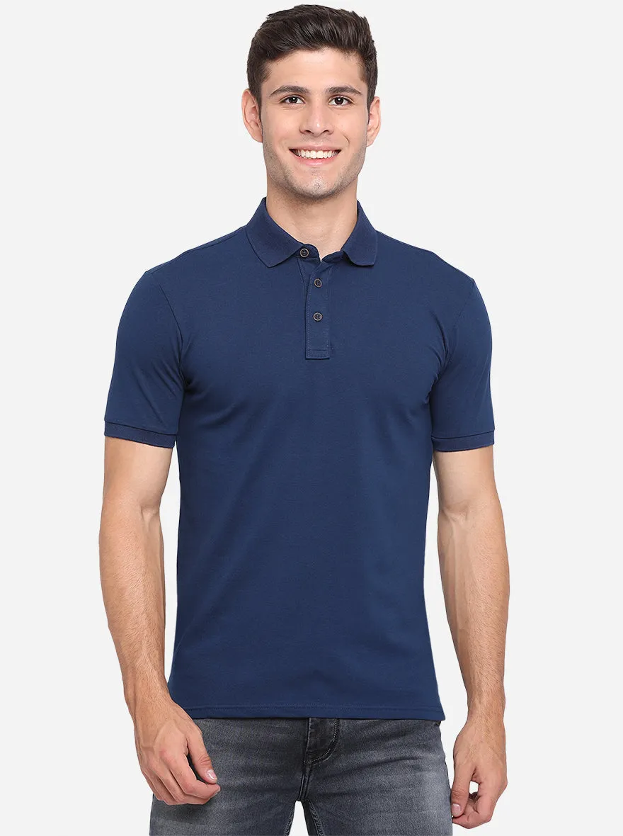 Indigo Blue Solid Slim Fit Polo T-Shirt | JadeBlue