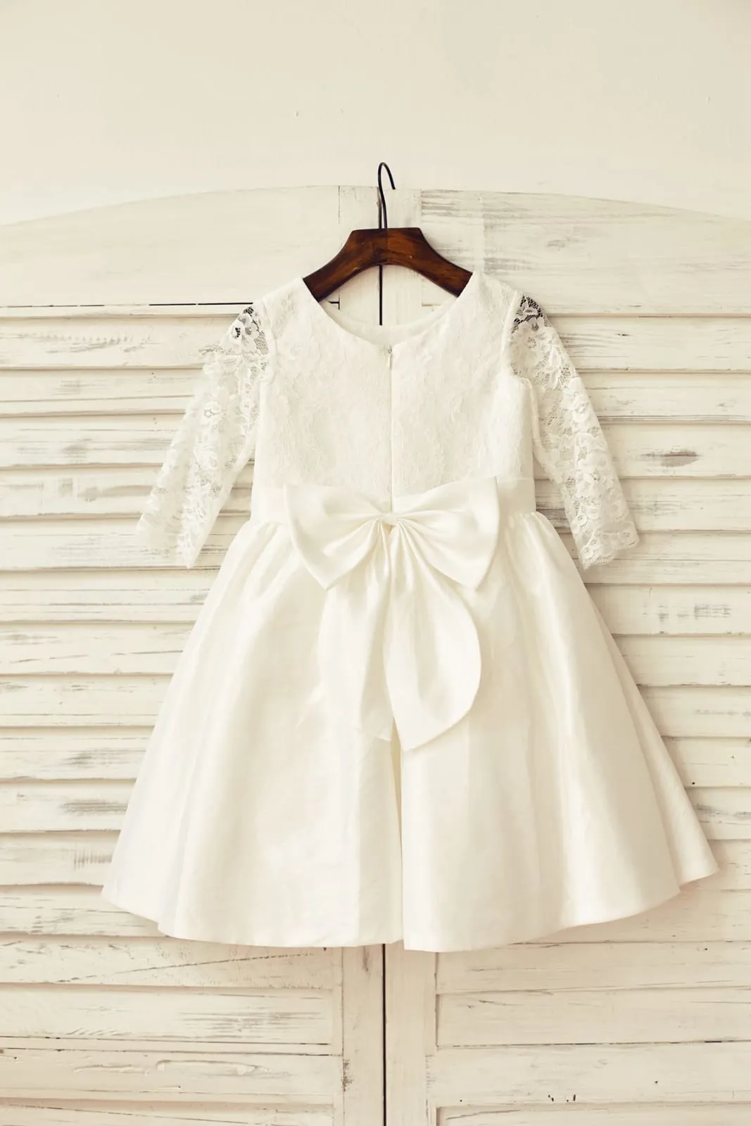 Ivory Long Lace Sleeves Taffeta Flower Girl Dress