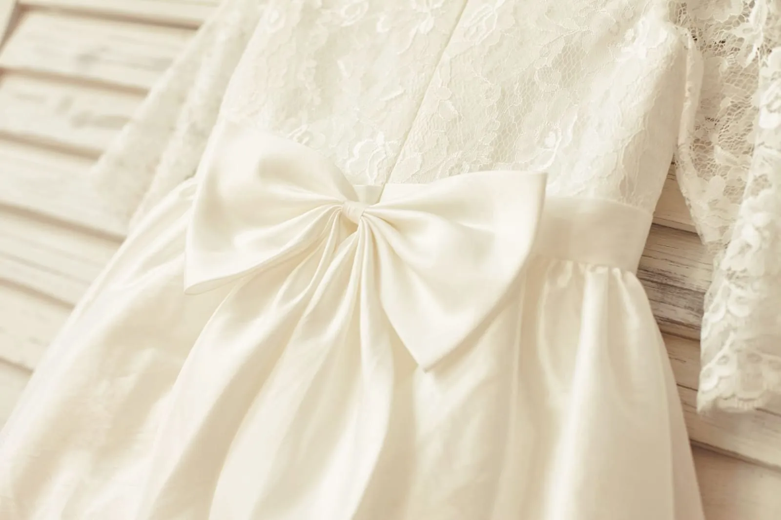 Ivory Long Lace Sleeves Taffeta Flower Girl Dress