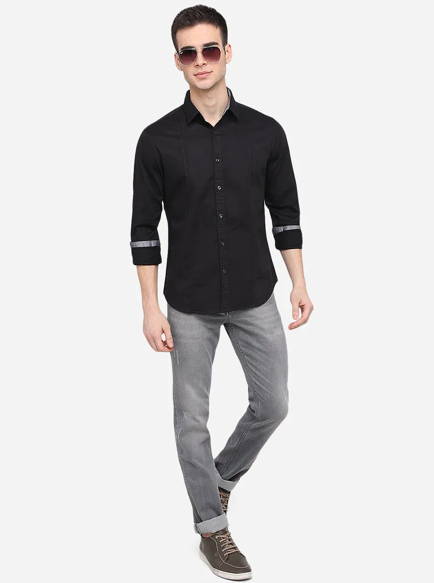 Jet Black Solid Slim Fit Casual Shirt | Greenfibre
