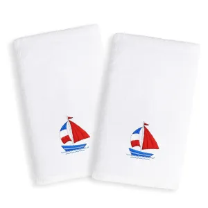 Kids Sailboat Embroidered White Turkish Cotton Hand Towels (Set of