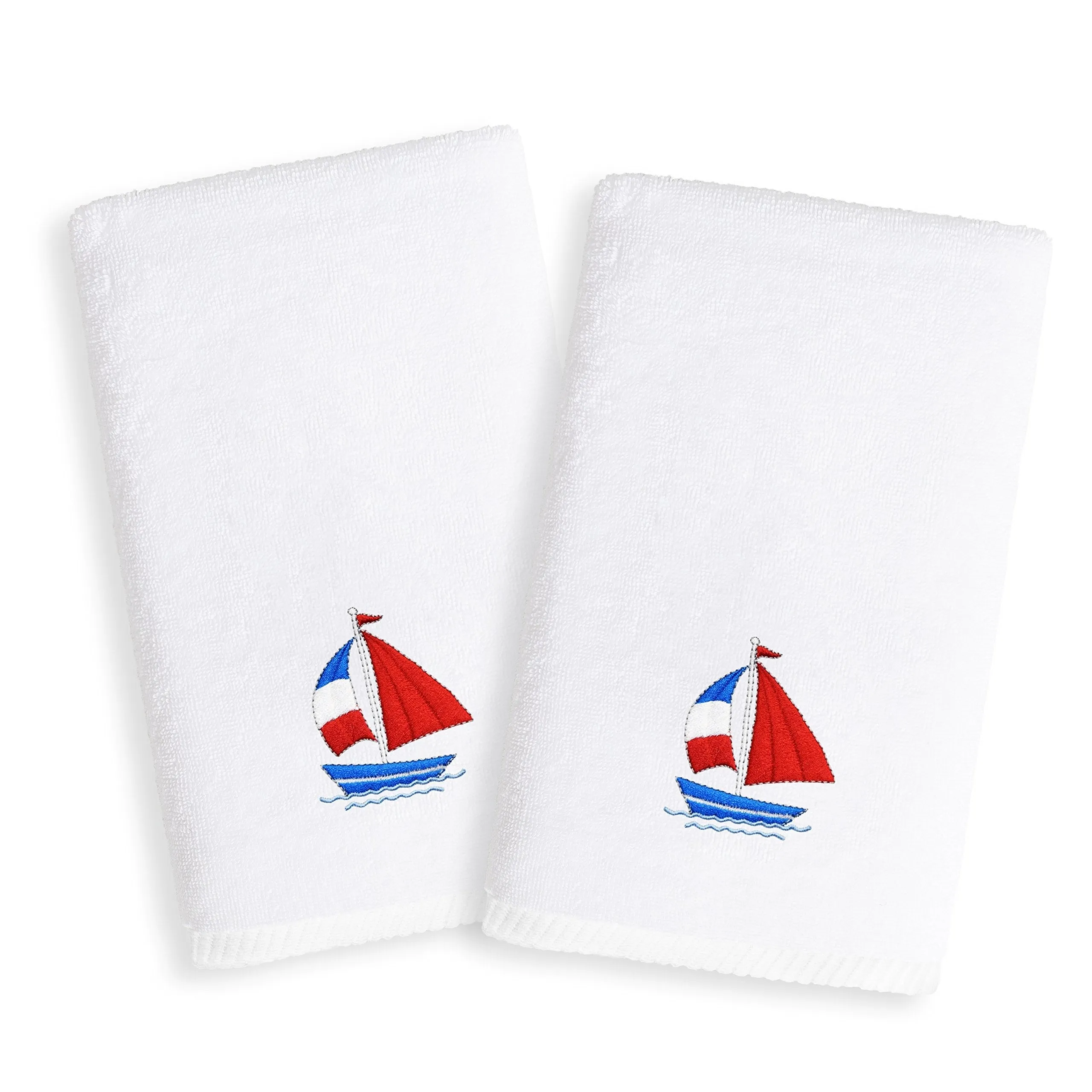 Kids Sailboat Embroidered White Turkish Cotton Hand Towels (Set of