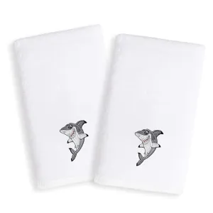 Kids Shark Embroidered White Turkish Cotton Hand Towels (Set of 2)