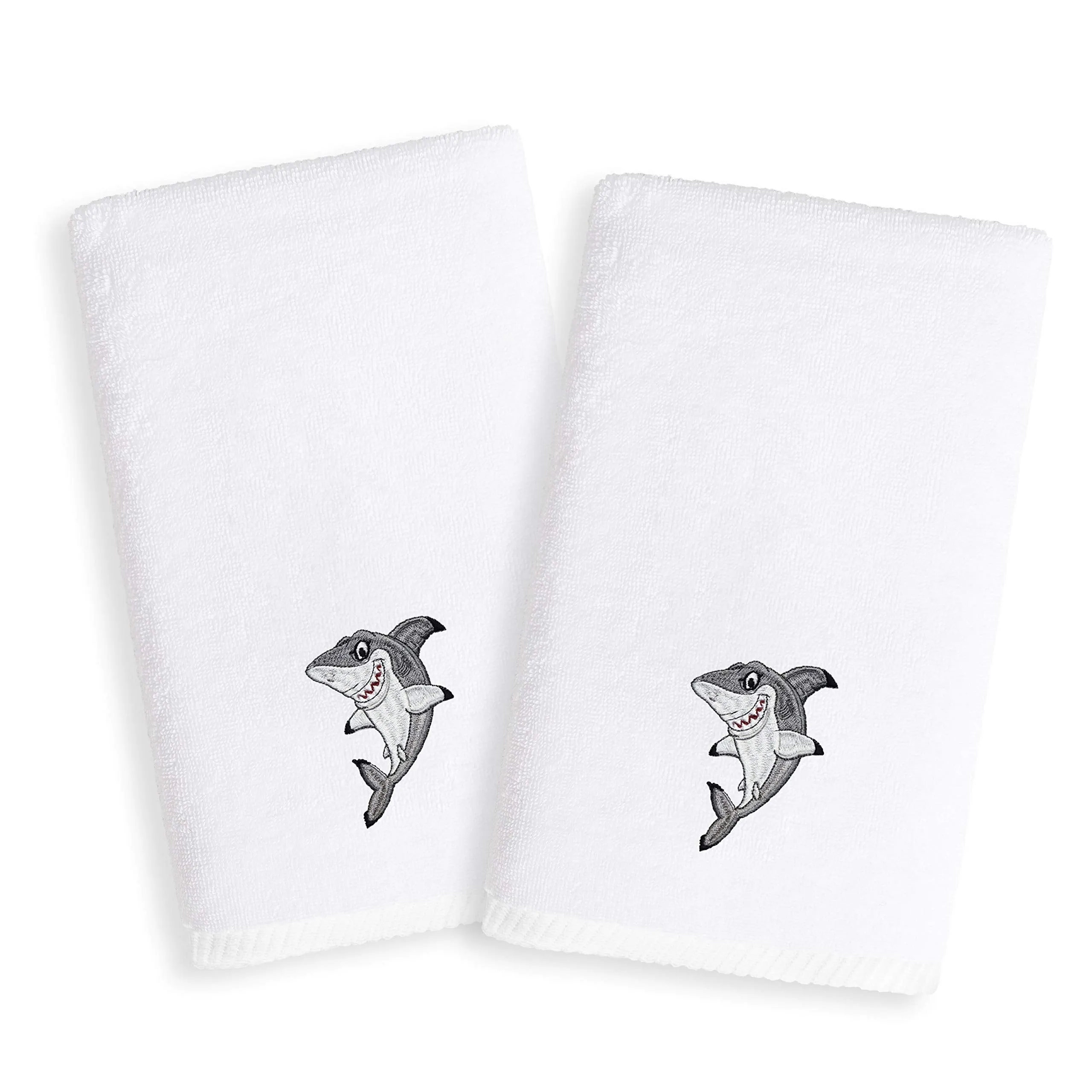 Kids Shark Embroidered White Turkish Cotton Hand Towels (Set of 2)