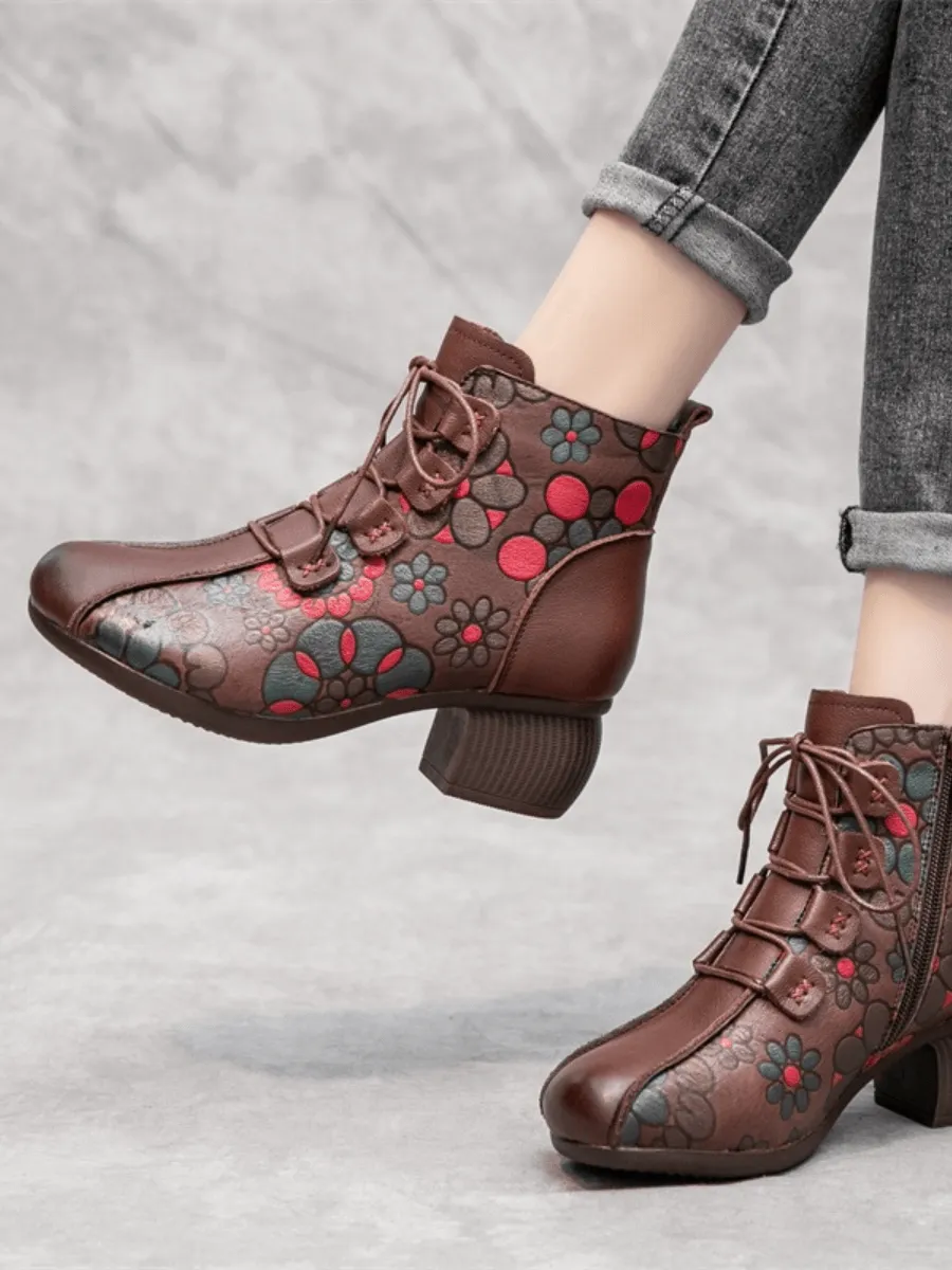 Lace-Up Floral Embossed Leather Boot - Brown