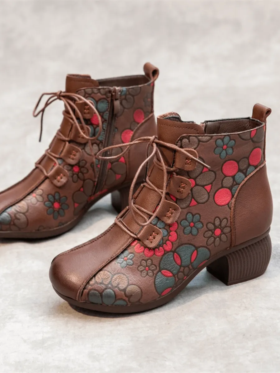 Lace-Up Floral Embossed Leather Boot - Brown