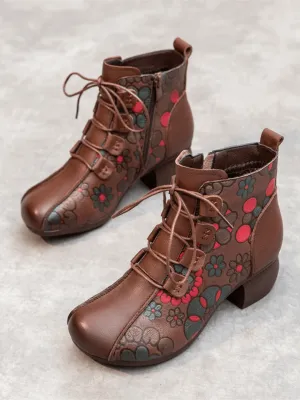 Lace-Up Floral Embossed Leather Boot - Brown