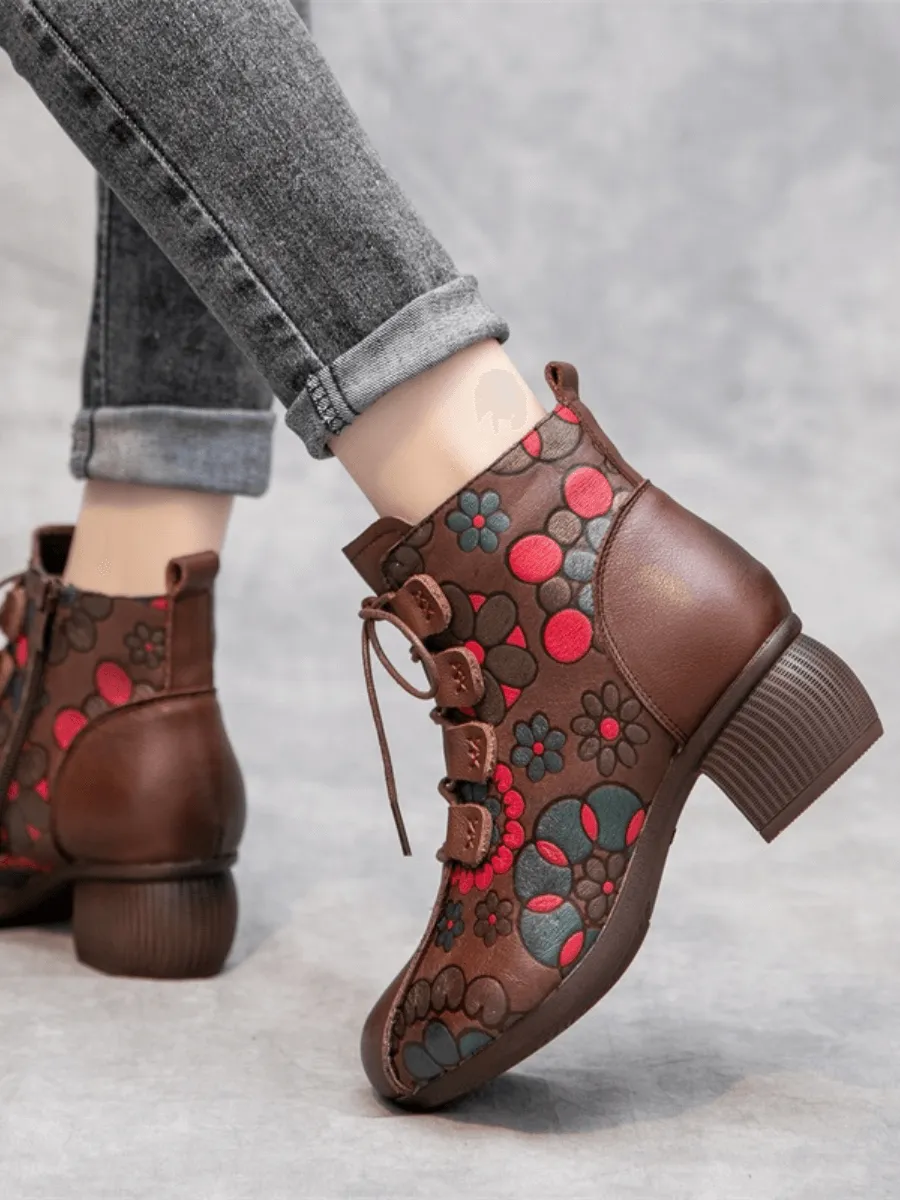 Lace-Up Floral Embossed Leather Boot - Brown