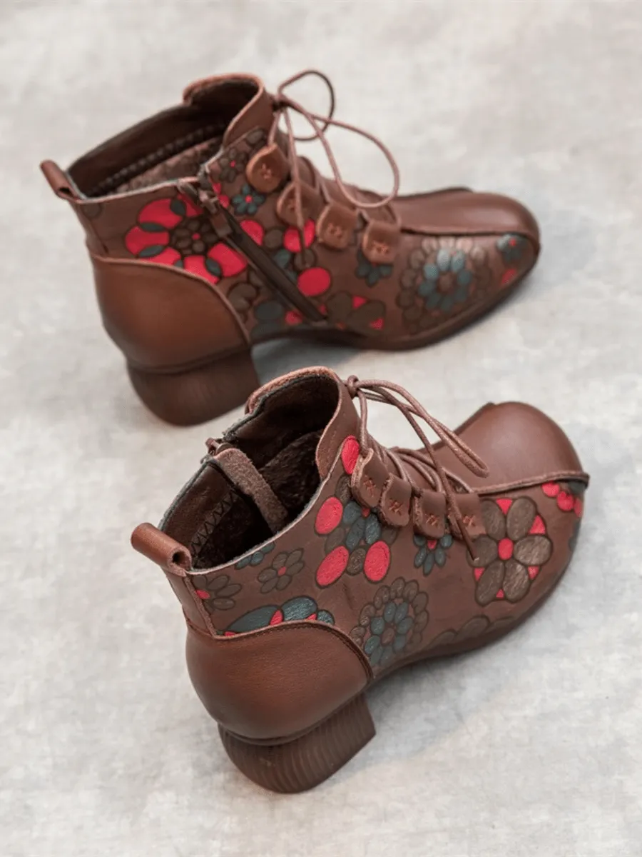 Lace-Up Floral Embossed Leather Boot - Brown