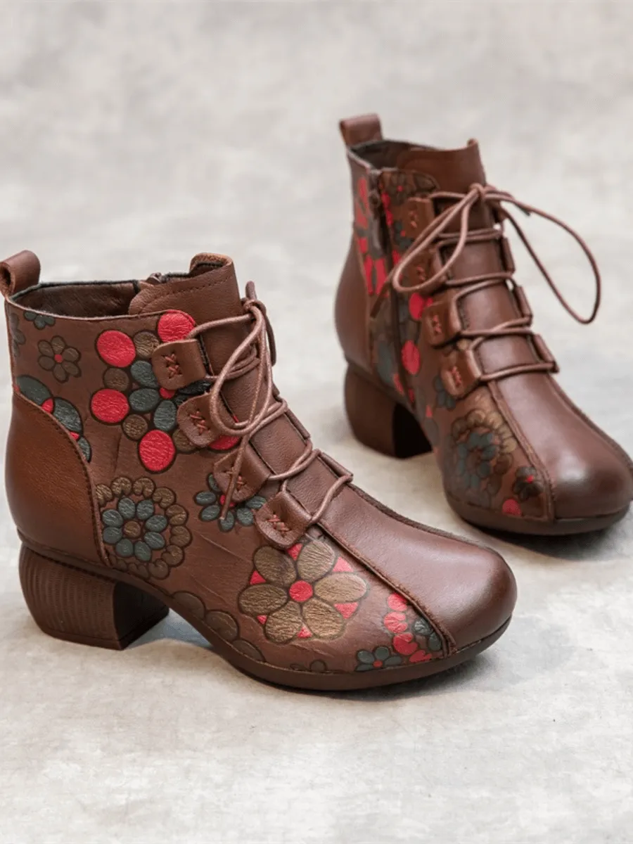 Lace-Up Floral Embossed Leather Boot - Brown