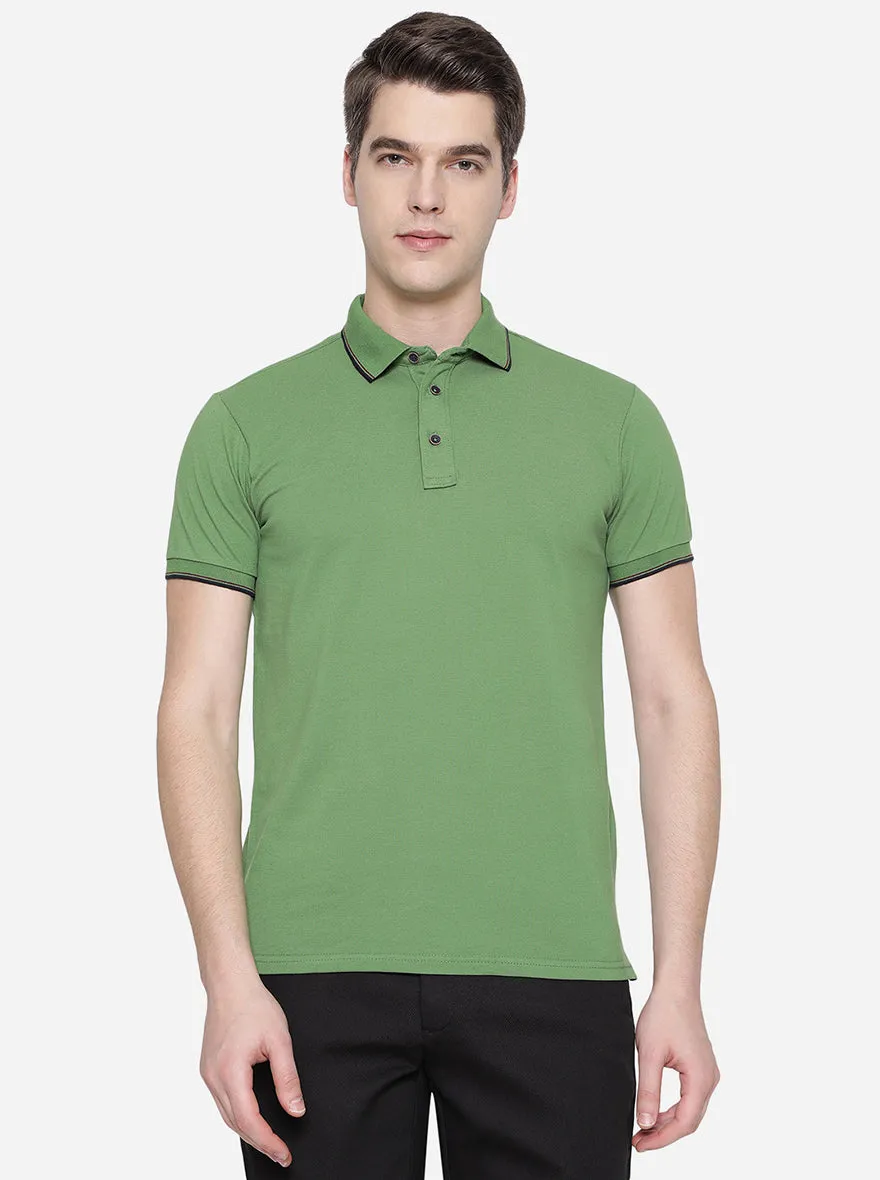Light Green Solid Slim Fit Polo T-Shirt | JadeBlue