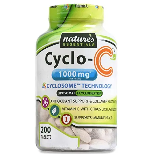 Liposomal Vitamina C | Cyclo-C 1000mg | Bioflavonoides   ciclodextrina | Naturaleza Essentials | Fórmula de absorción máxima | Suministro de 3 meses | Sin OMG | Sin gluten | Vegetariano | 200 unidades, 200