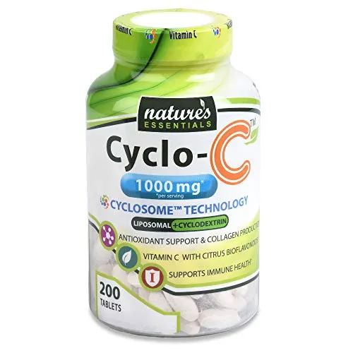Liposomal Vitamina C | Cyclo-C 1000mg | Bioflavonoides   ciclodextrina | Naturaleza Essentials | Fórmula de absorción máxima | Suministro de 3 meses | Sin OMG | Sin gluten | Vegetariano | 200 unidades, 200