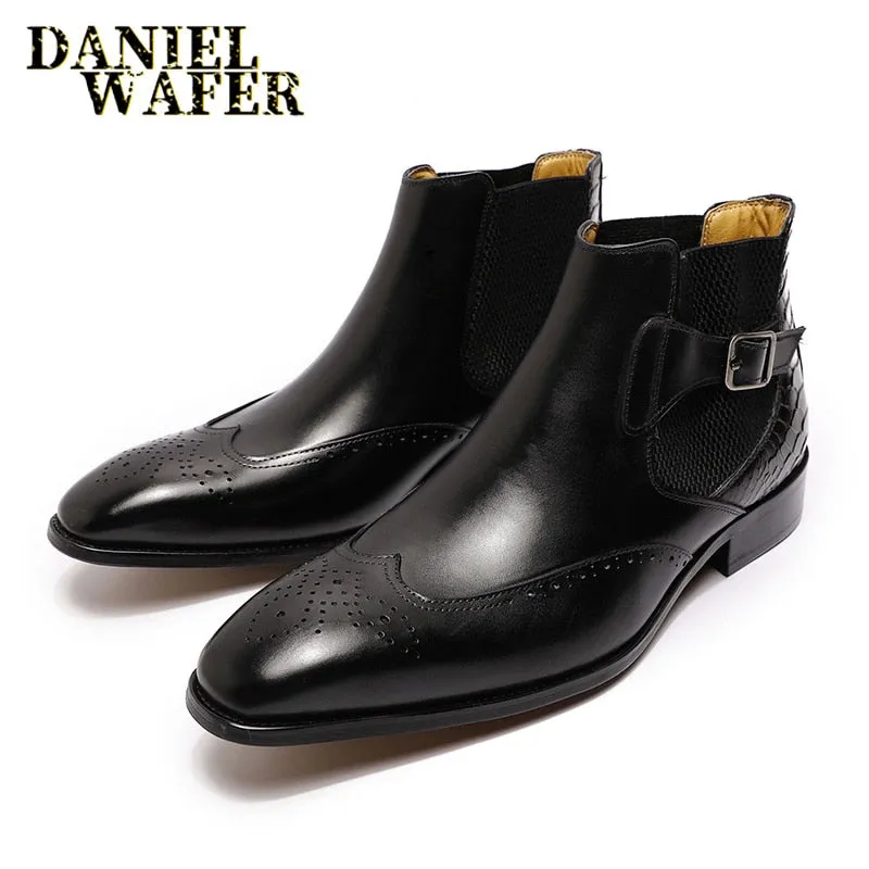 Luxury Brand Men's Chelsea Causal Boots High Quality Genuine Leather Slip on Buckle Strap Black Brown Wedding Formal Ankle Boots