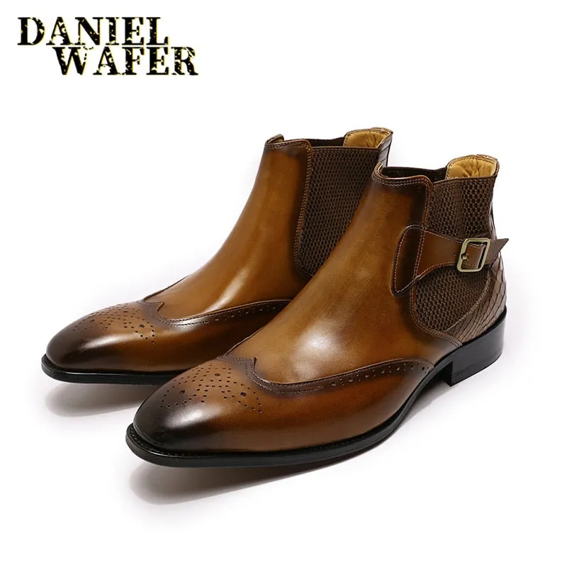 Luxury Brand Men's Chelsea Causal Boots High Quality Genuine Leather Slip on Buckle Strap Black Brown Wedding Formal Ankle Boots