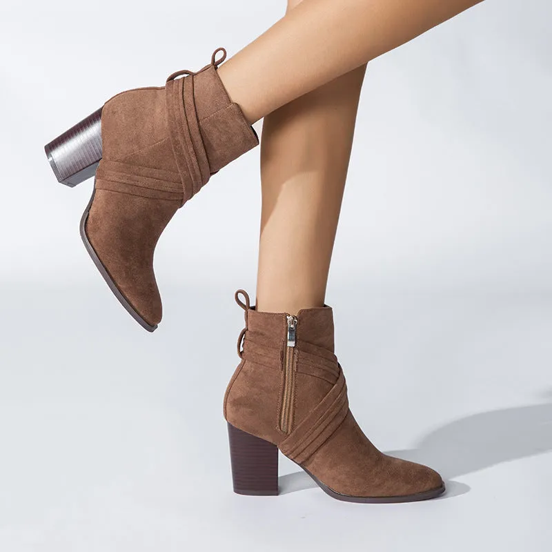 Martin Boots Women's New Short Boots in Autumn and Winter High Heels Coarse Heels Square Suede Nude Boots