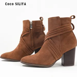 Martin Boots Women's New Short Boots in Autumn and Winter High Heels Coarse Heels Square Suede Nude Boots