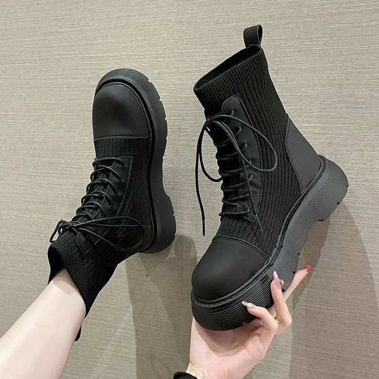 Martin boots women's short boots popular new front lace-up British style retro round head elastic soft sole thin bare boots