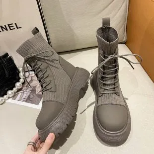 Martin boots women's short boots popular new front lace-up British style retro round head elastic soft sole thin bare boots