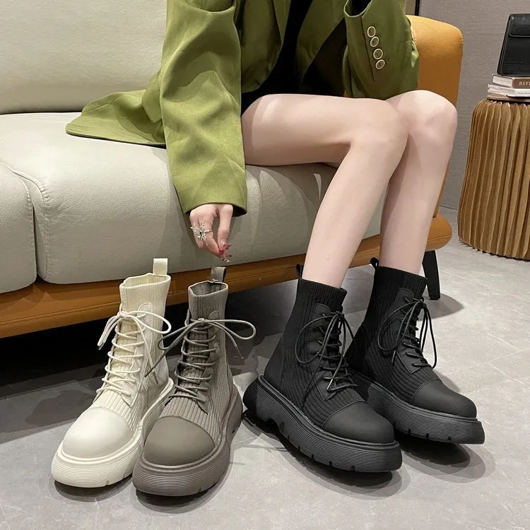 Martin boots women's short boots popular new front lace-up British style retro round head elastic soft sole thin bare boots